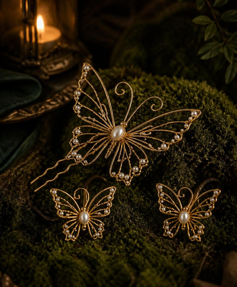 Delicate gold wire butterfly hair ornament set with pearls resting on forest moss