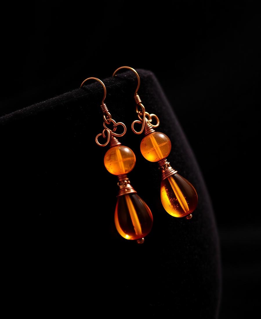 Copper wire earrings with glowing amber teardrop beads on black velvet