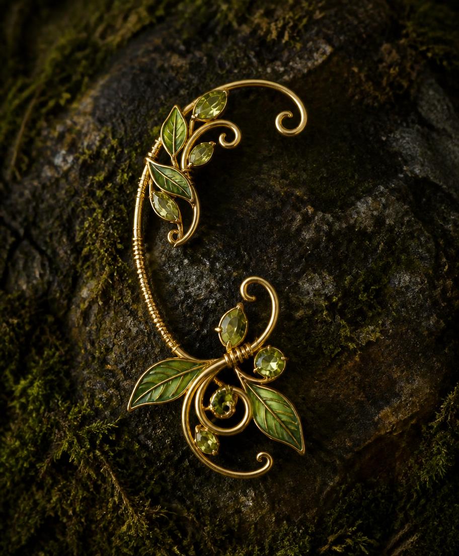Gold wire ear cuff with green leaves and peridot stones on mossy dark forest stone