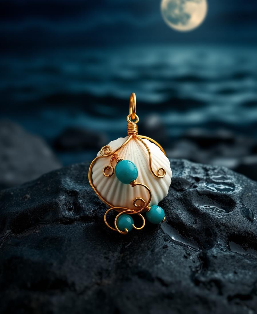Gold wire-wrapped seashell pendant with teal beads on wet dark stone beneath a full moon