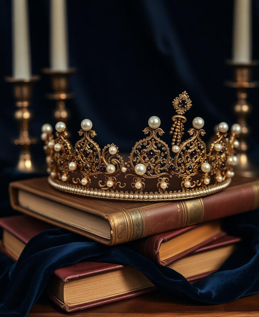 Ornate antique gold pearl crown resting on old leather books beside candlelight